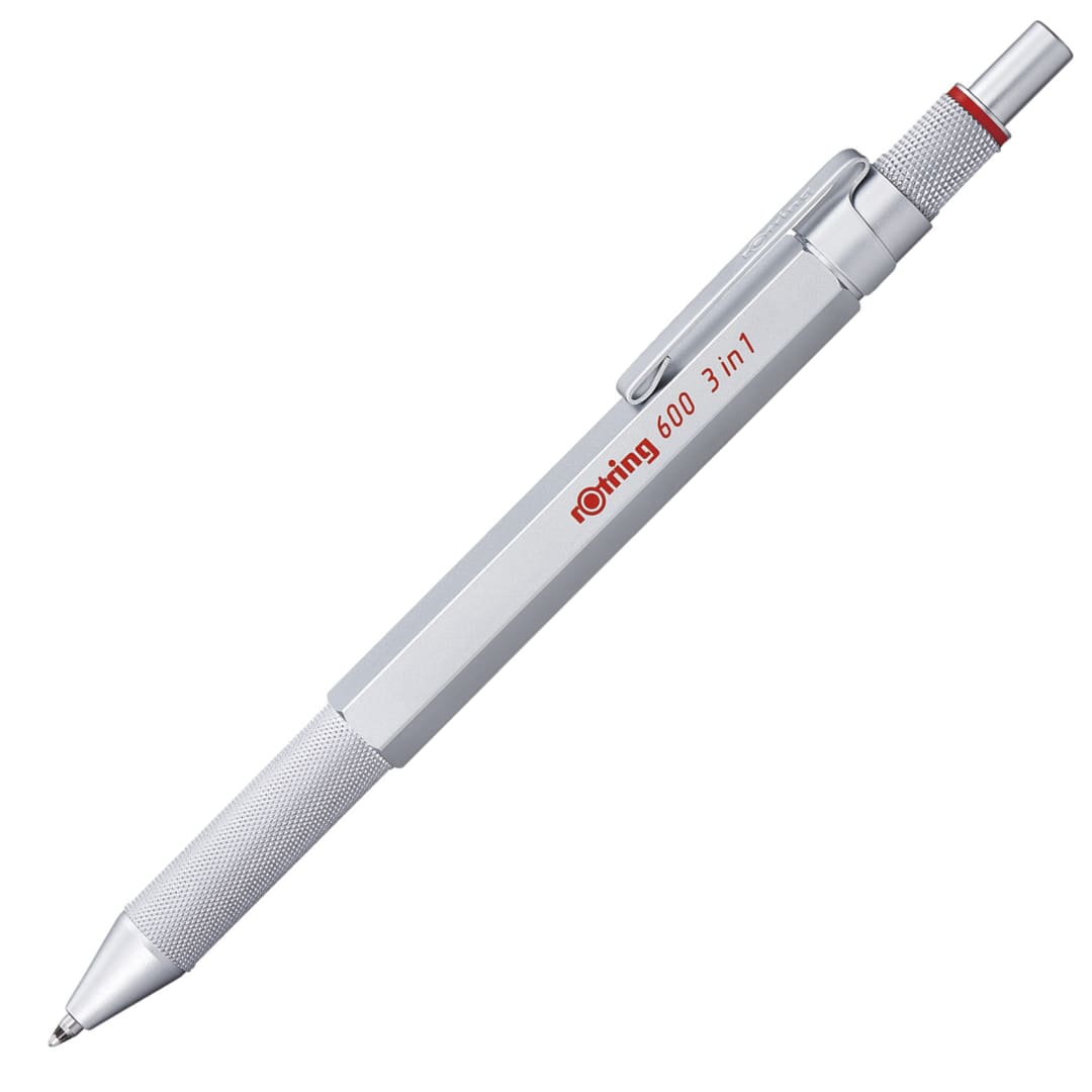rOtring 600 3-in-1 Multicolor Pen and Mechanical Pencil, Switches Between 2 Ballpoint Pen Fine Point Tips (Black and Red Ink) and 1 Mechanical Pencil Tip (0.5mm Lead), Silver Barrel