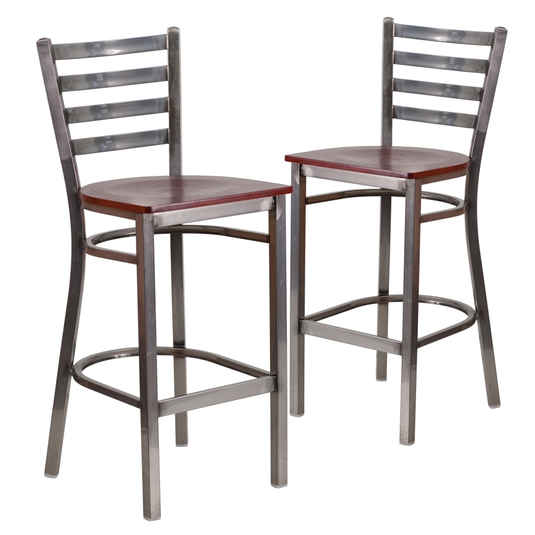 2 Pk. HERCULES Series Silver Antique Finish with Clear Coat Ladder Back Metal Restaurant Barstool - Mahogany Wood Seat