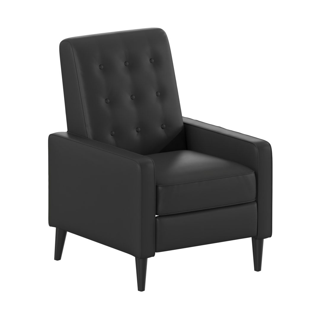 Ezra Mid-Century Modern LeatherSoft Upholstered Button Tufted Pushback Recliner in Black for Residential &amp; Commercial Use