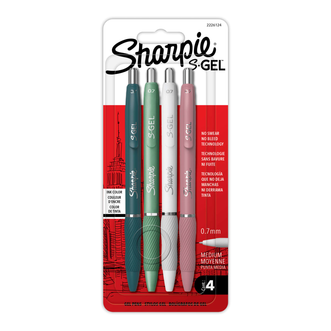 Sharpie S-Gel, Gel Pens, Medium Point (0.7mm), Assorted Fashion Barrels, Black Ink, 4 Count