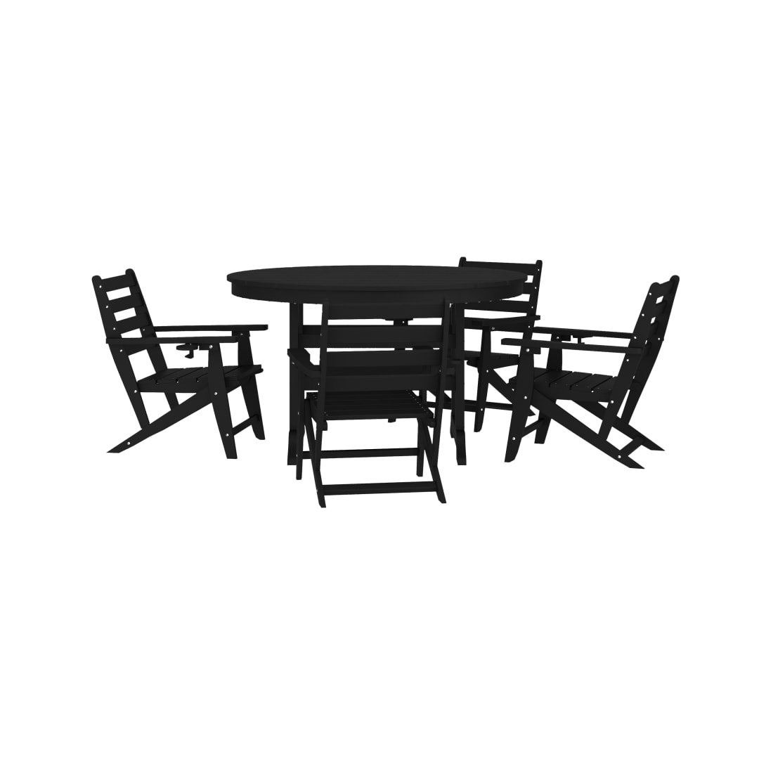 Tolleson Commercial 5 Piece Adirondack Dining Set with 48" Round Indoor/Outdoor Recycled HDPE Table and 4 Chairs with Cupholders in Black