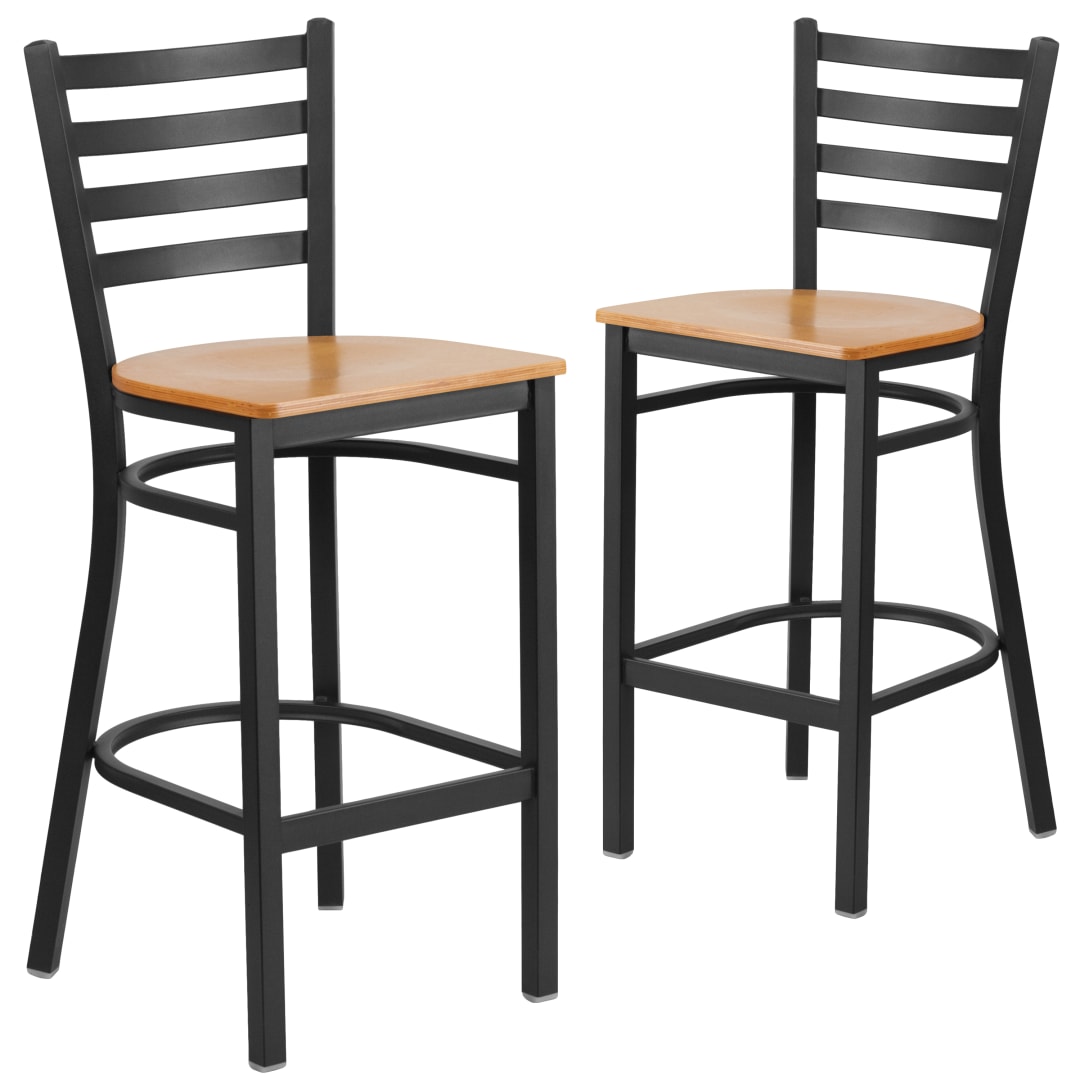 2 Pack HERCULES Series Black Ladder Back Metal Restaurant Barstool - Natural Wood Seat