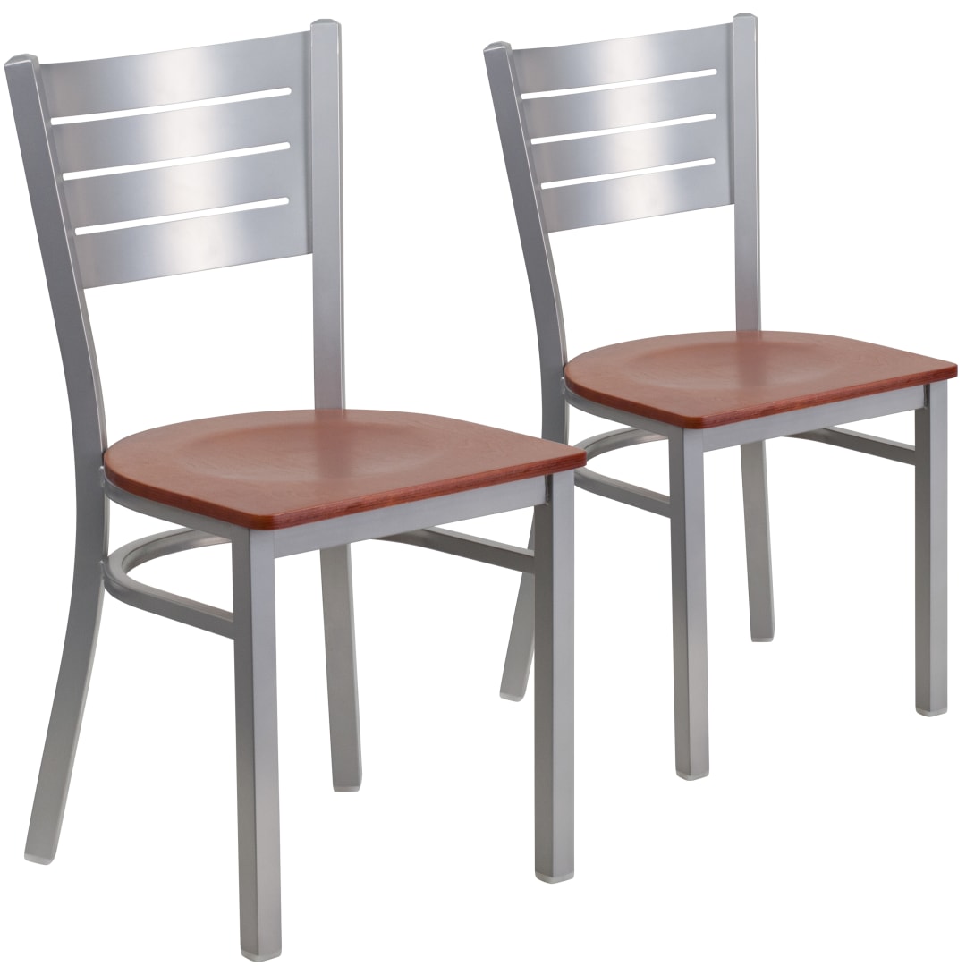 2 Pk. HERCULES Series Silver Slat Back Metal Restaurant Chair - Cherry Wood Seat