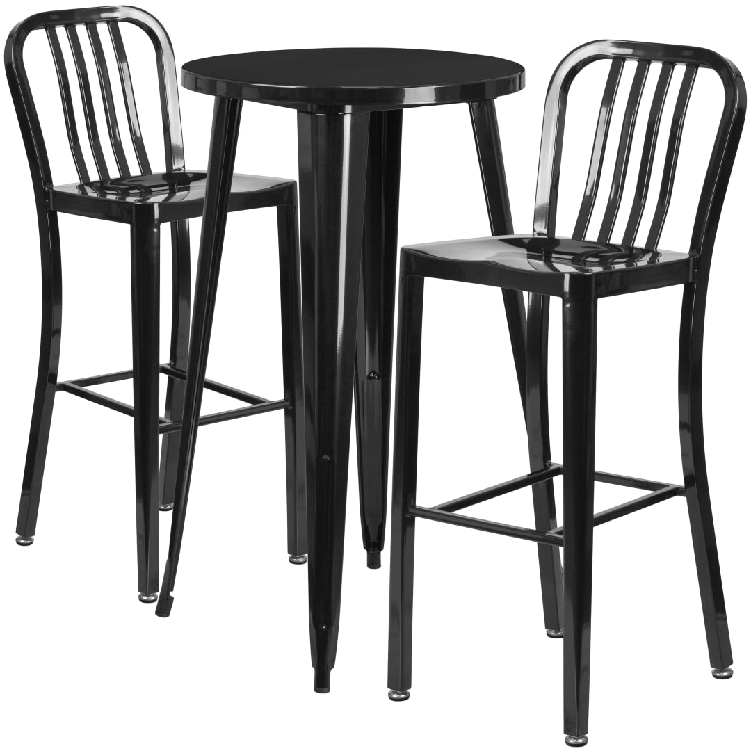 Earl Commercial Grade 24" Round Black Metal Indoor-Outdoor Bar Table Set with 2 Vertical Slat Back Stools