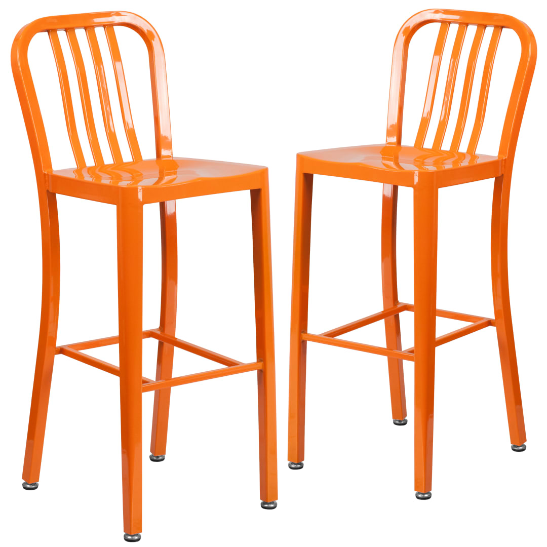 Gael Commercial Grade 2 Pack 30" High Orange Metal Indoor-Outdoor Barstool with Vertical Slat Back