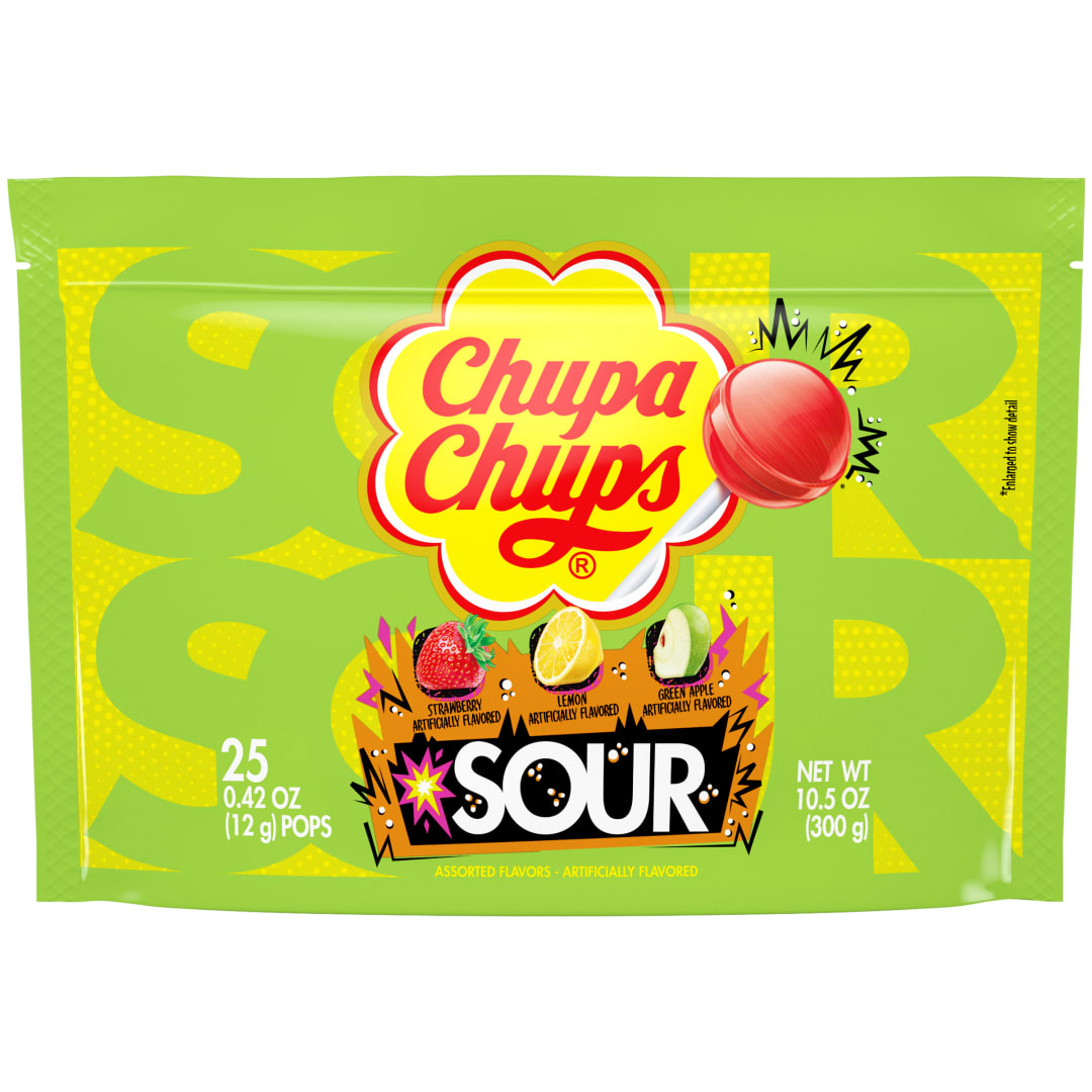 Chupa Chups Sour Lollipops Assorted Flavors 25 pc Stand Up Bag