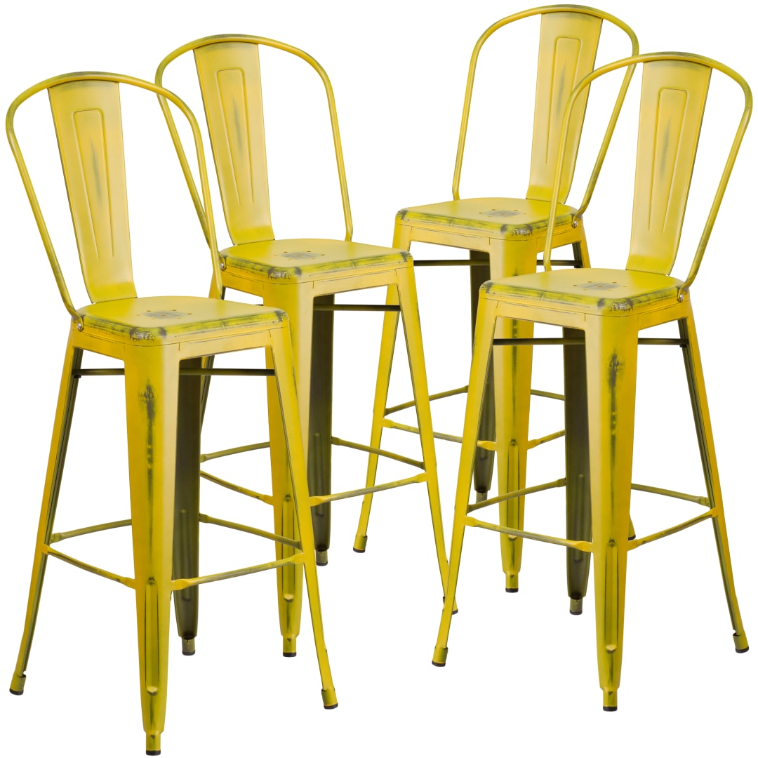 Blake Commercial Grade 4 Pack 30" High Distressed Yellow Metal Indoor-Outdoor Barstool with Back
