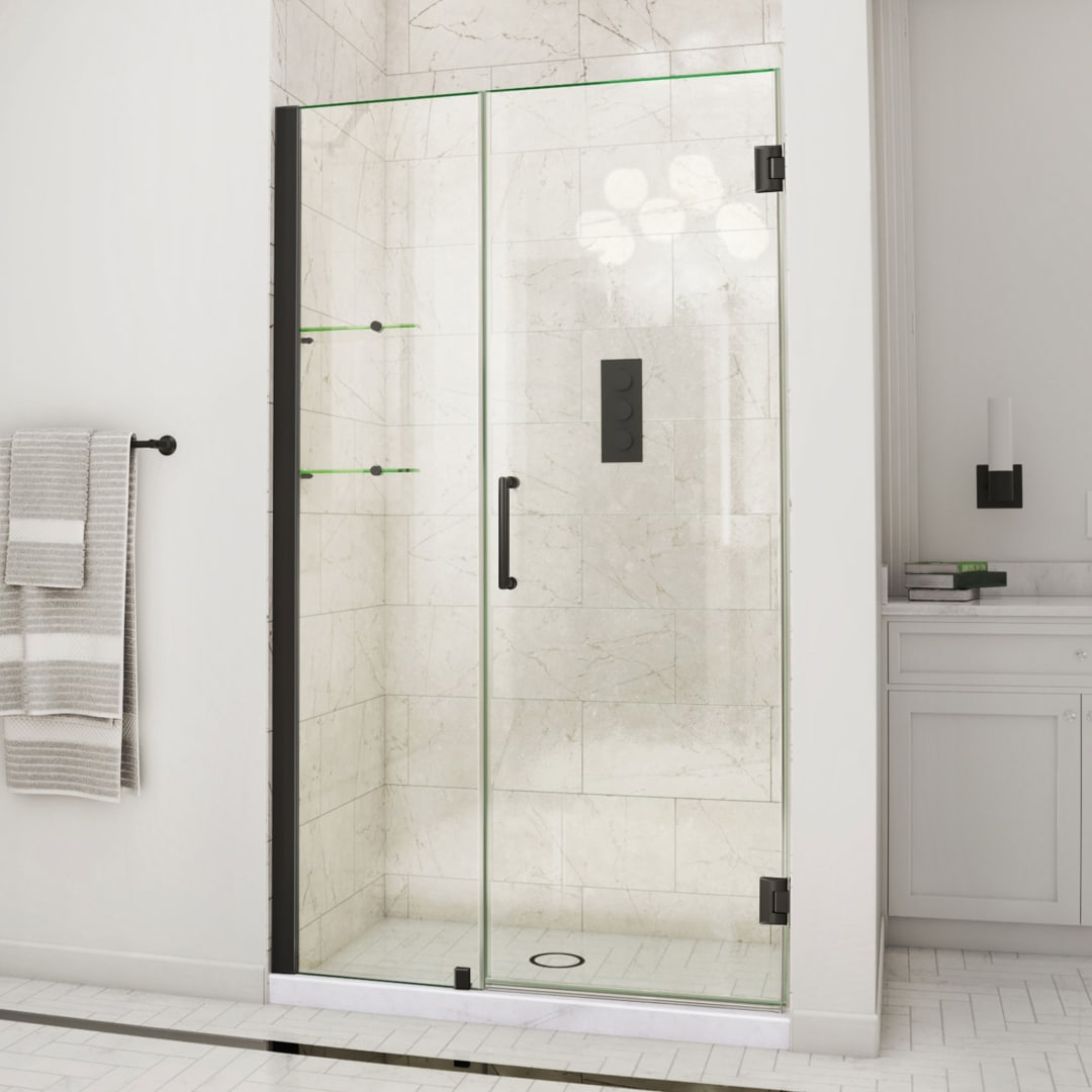 DreamLine Unidoor 43 - 44 inch W x 72 inch H Frameless Hinged Shower Door with Shelves in Matte Black
