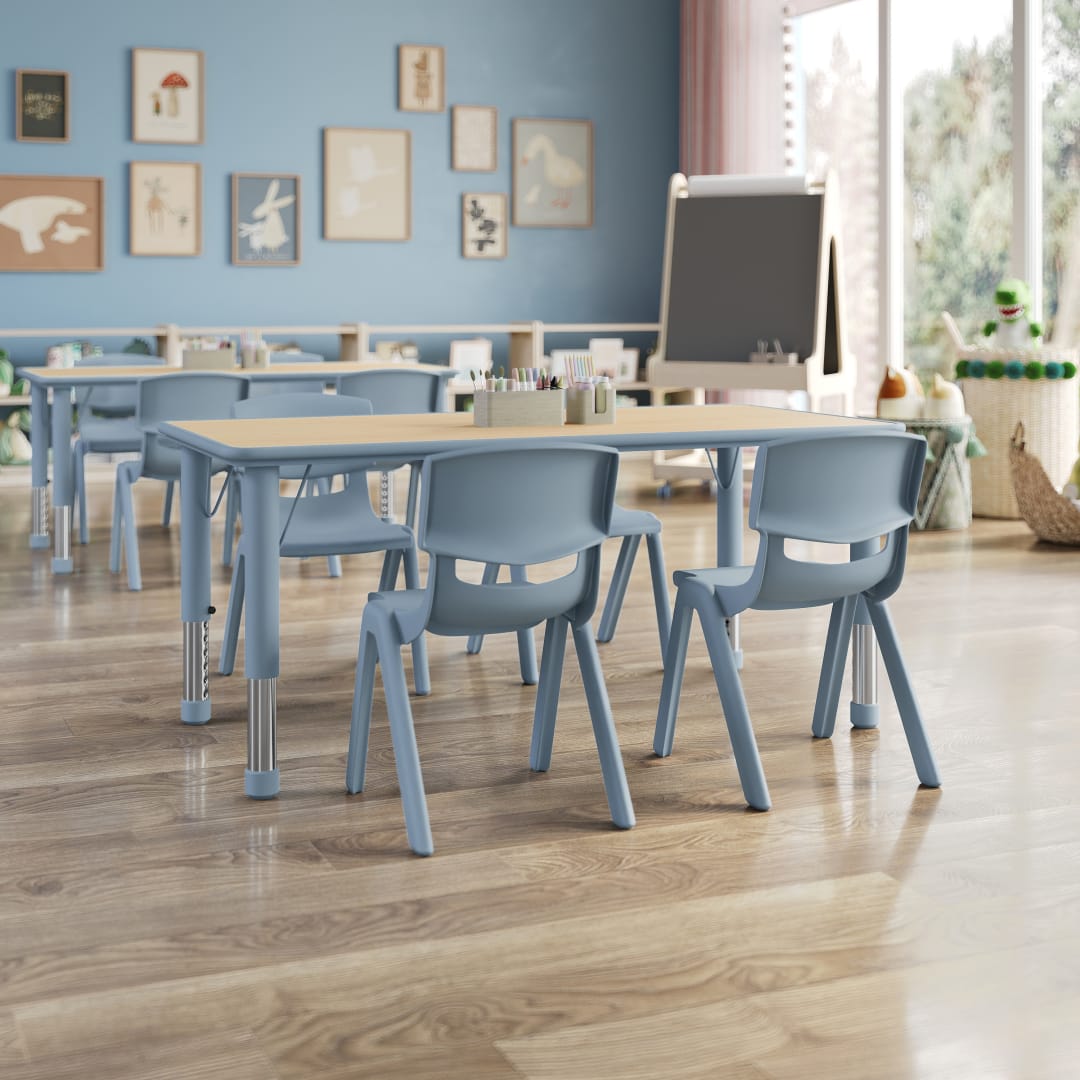 Emmy 5-Piece Kids Height Adjustable Activity Table Set, 47.25" x 23.5" Natural Woodgrain Laminate Top, Dusty Blue Frame, 4 Dusty Blue Chairs