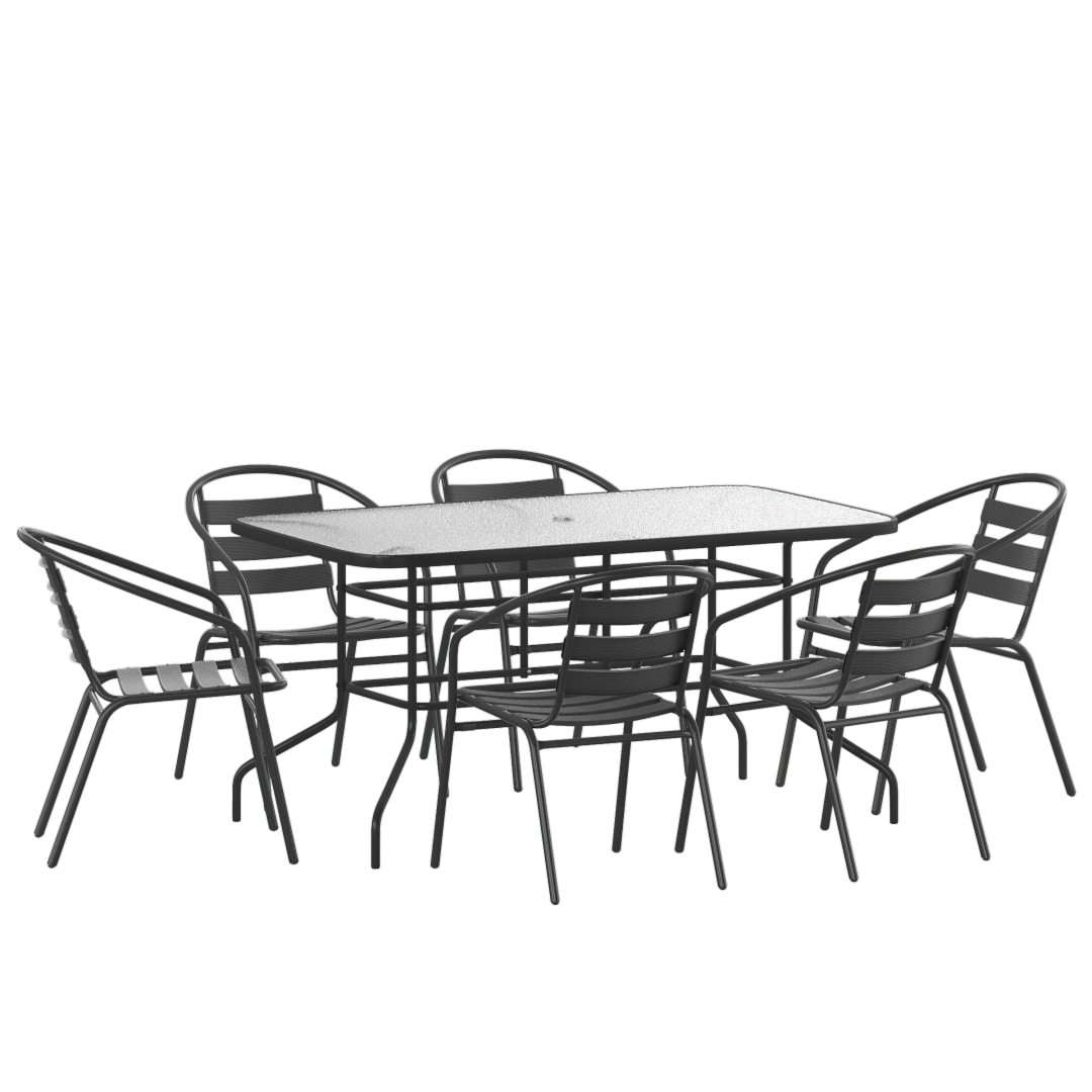 Lila 7 Piece Patio Dining Set - 55" Tempered Glass Patio Table with Umbrella Hole, 6 Black Metal Aluminum Slat Stack Chairs