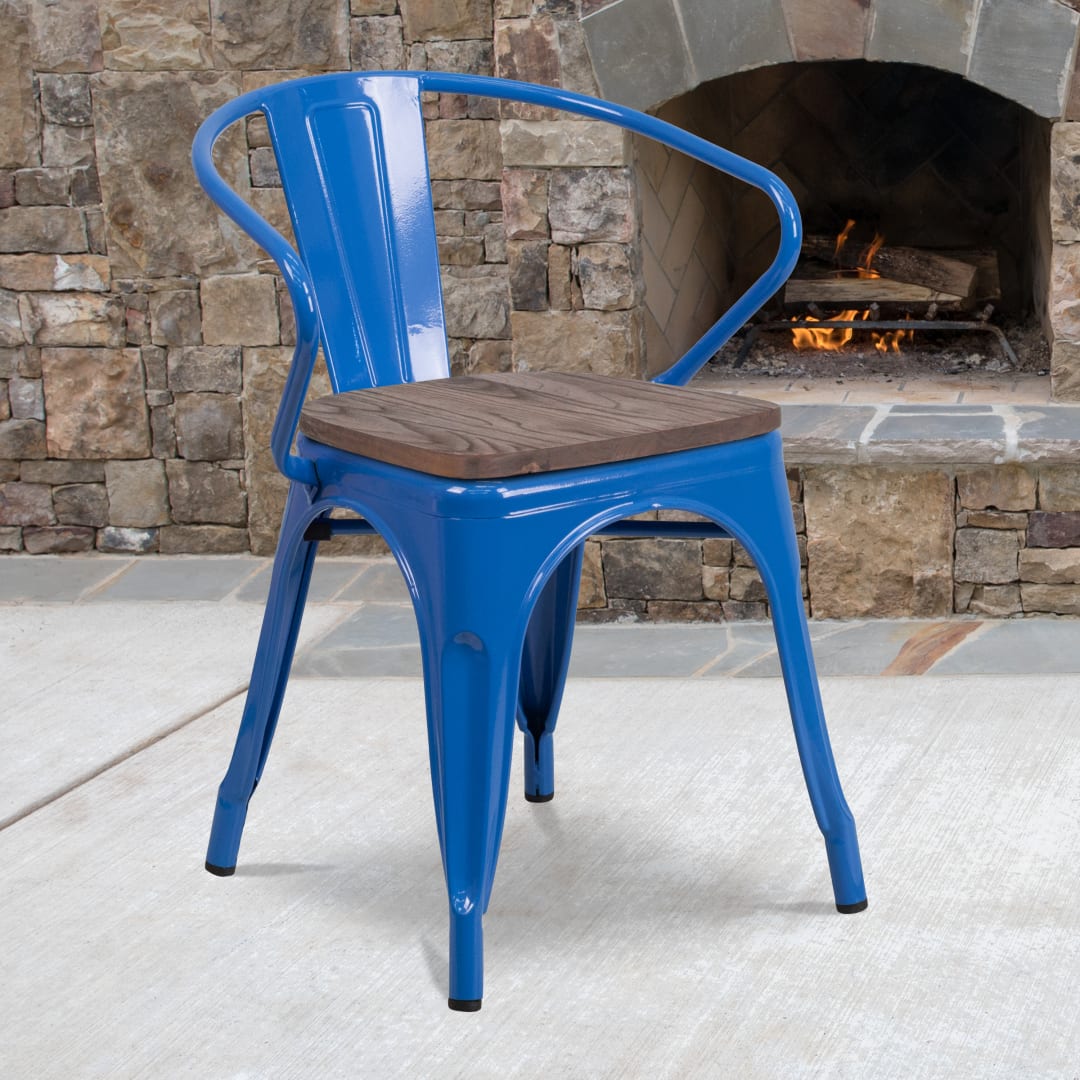 Luna Blue Metal Chair with Wood Seat and Arms