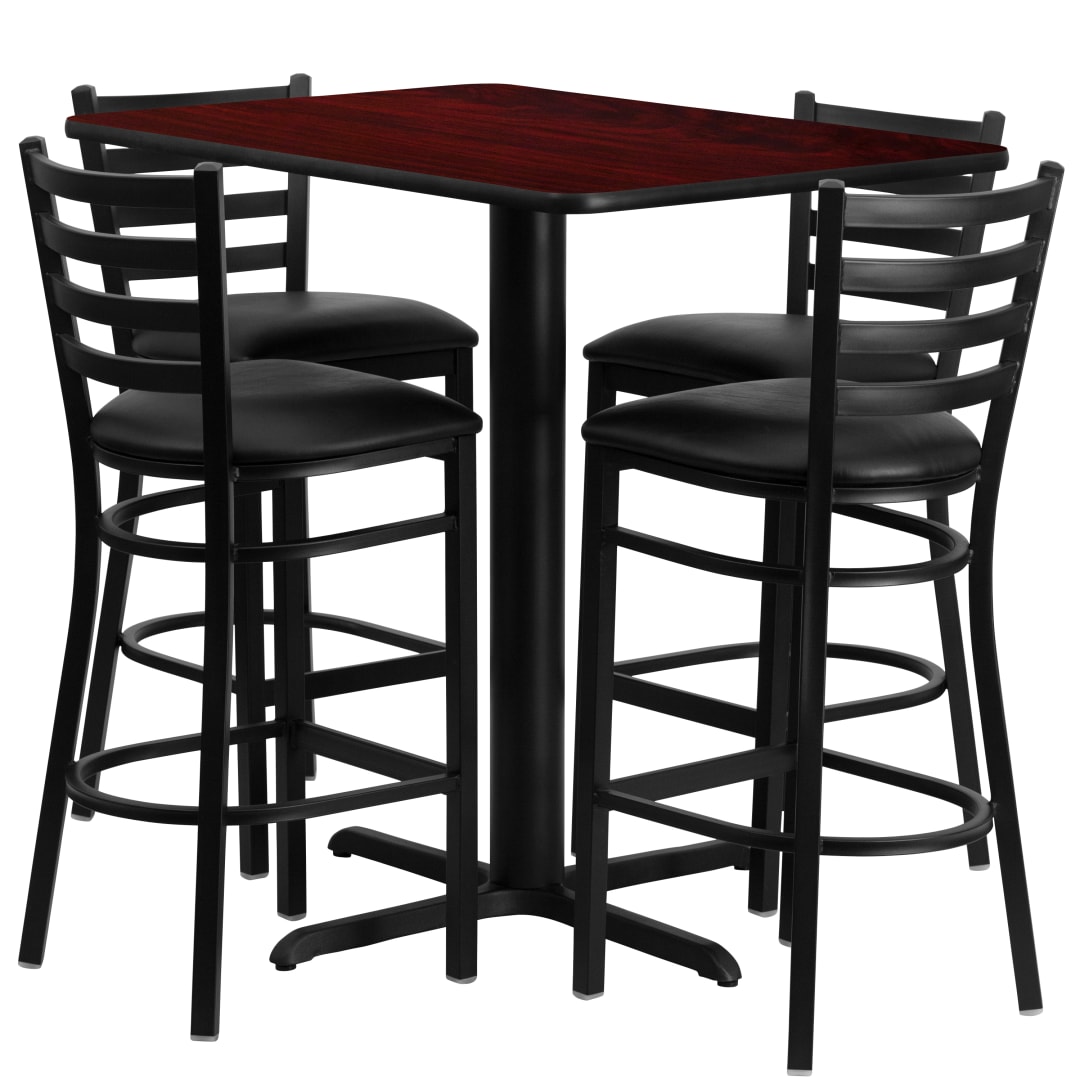 Carlton 24''W x 42''L Rectangular Mahogany Laminate Table Set with 4 Ladder Back Metal Barstools - Black Vinyl Seat