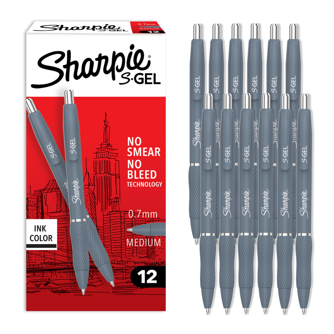 Sharpie S-Gel, Gel Pens, Medium Point (0.7mm), Blue Stone Barrel, Black Ink, 12 Count