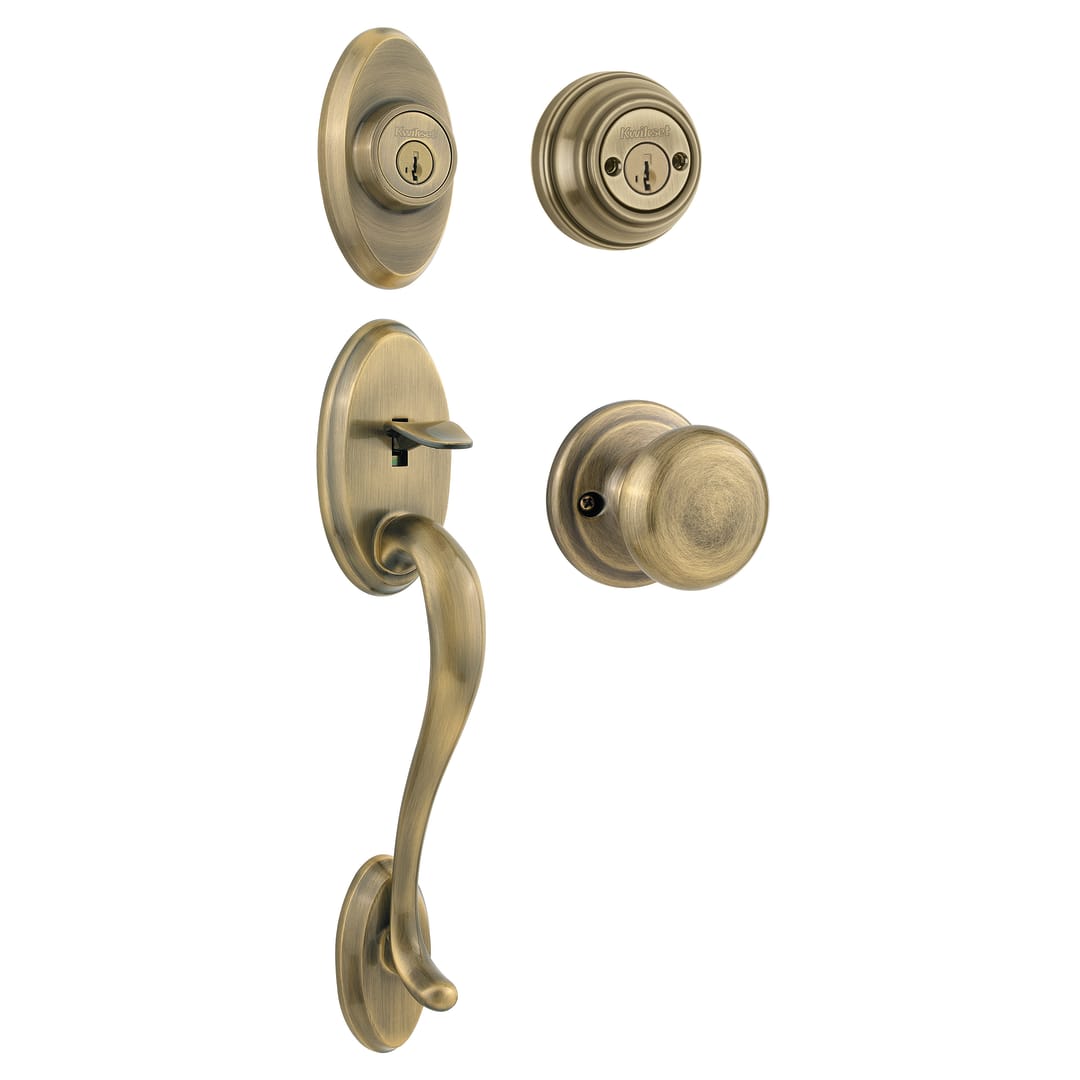 Shelburne Double Cylinder Handleset w/Juno Knob featuring SmartKey Security™ in Antique Brass
