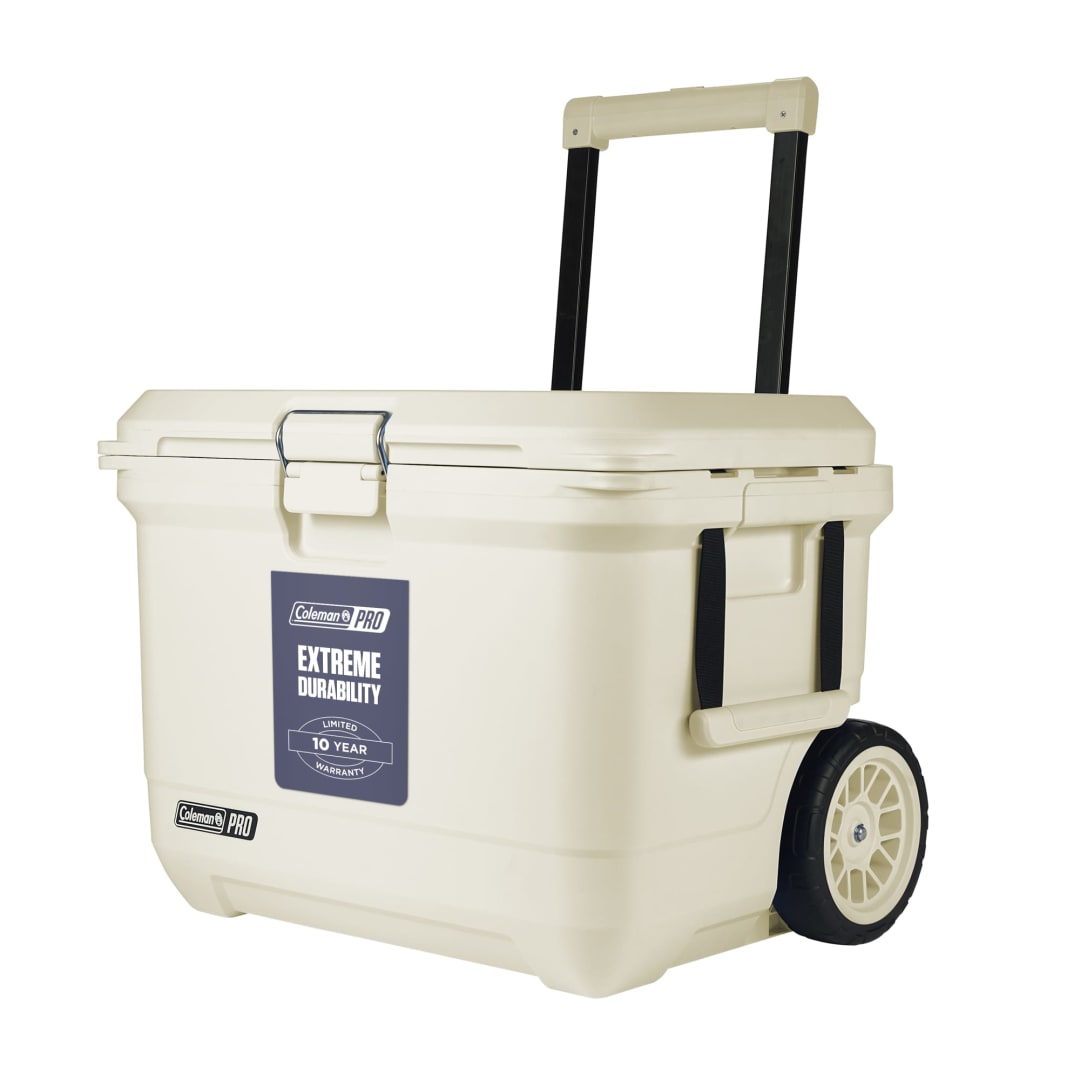 Coleman Pro Heavy-Duty 55qt Wheeled Ultra-Light Premium Hard Cooler, Extra-Thick Insulation Keeps Ice up to 5 Days, 92-Can Capacity, Heavy-Duty Wheels