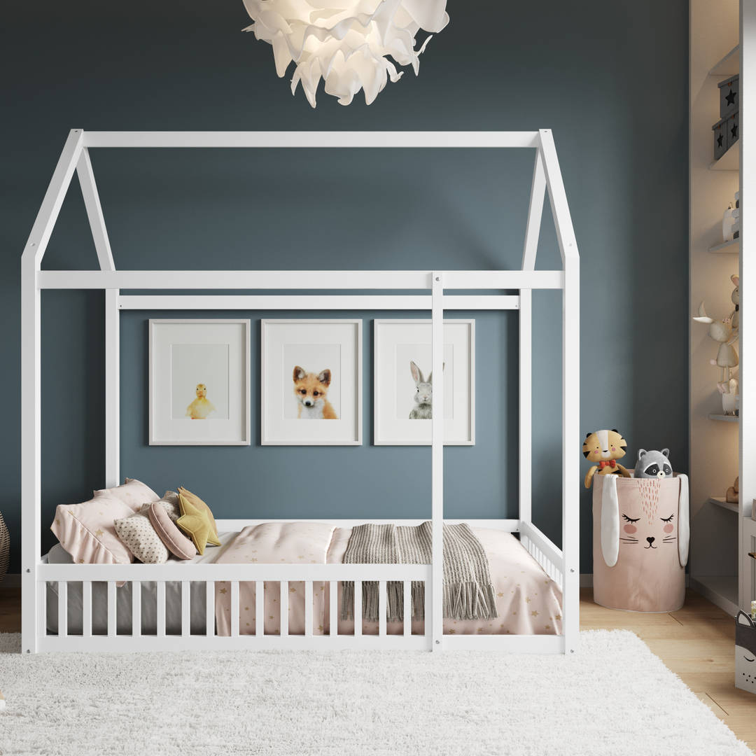 Kids Twin-Size House Shaped Bed with Triangular Top in White