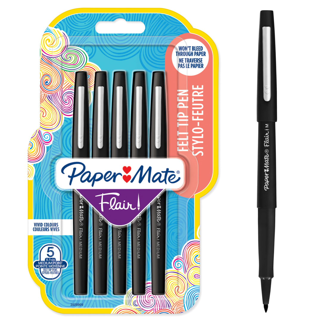 Paper Mate® Flair Felt Tip Pens | Medium Point (0.7mm) | Black | 5 Count