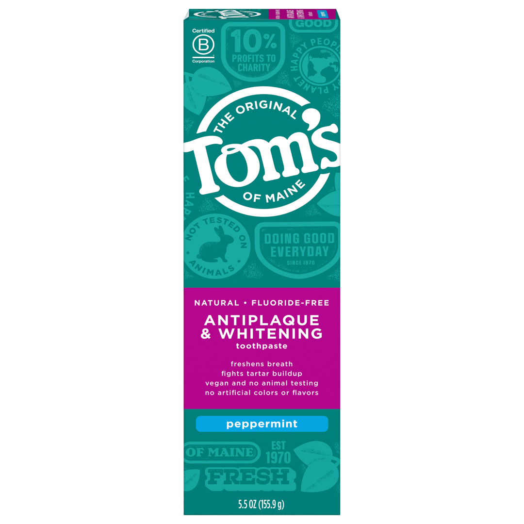 Tom's of Maine Fluoride-Free Antiplaque &amp; Whitening Toothpaste, Whitening Toothpaste, Natural Toothpaste, Peppermint, 5.5 Ounce, 1-Pack
