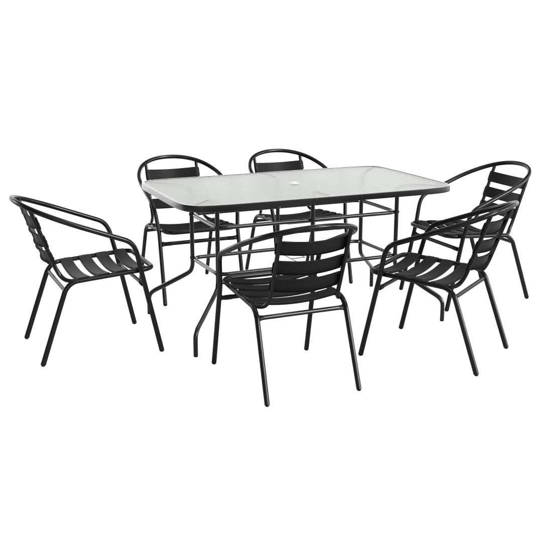 Lila 7 Piece Patio Dining Set - 55" Tempered Glass Patio Table with Umbrella Hole, 6 Black Metal Aluminum Slat Stack Chairs