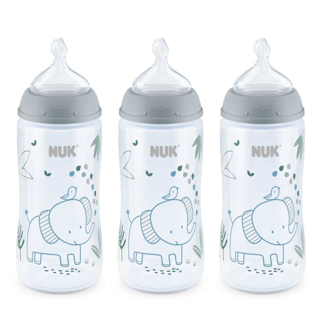 NUK® Smooth Flow Anti-Colic Baby Bottle, 10 oz (300 mL), Grey Elephant, 3 Pack