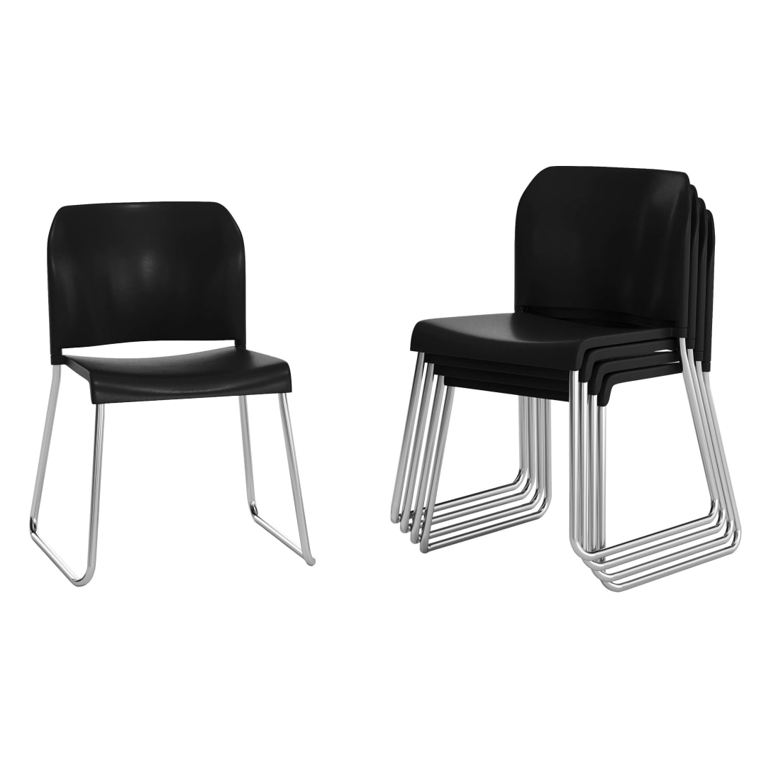 HERCULES Kenai Set of 5 Black Office Reception Stack Chairs with Contoured Backrests and Chrome Sled Bases