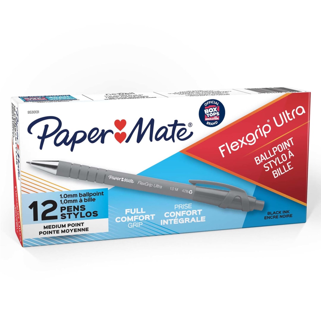 Paper Mate® FlexGrip® Ultra Retractable Ballpoint Pens, Medium Point, Black, Box of 12
