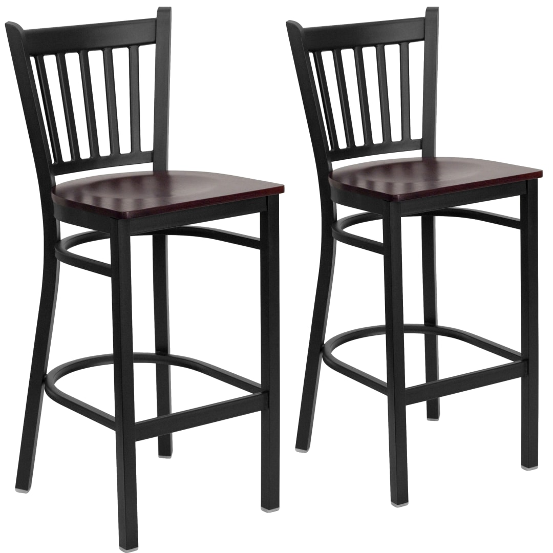 2 Pack HERCULES Series Black Vertical Back Metal Restaurant Barstool - Mahogany Wood Seat