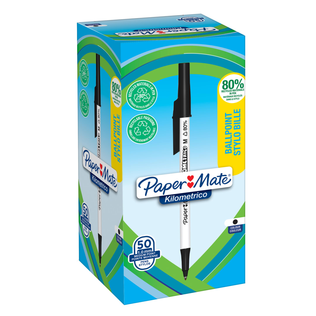 Paper Mate Kilométrico Bolígrafos | Escritura Larga con punta mediana (1,0mm) | Tinta negra | 80% plástico reciclado | 50 unidades