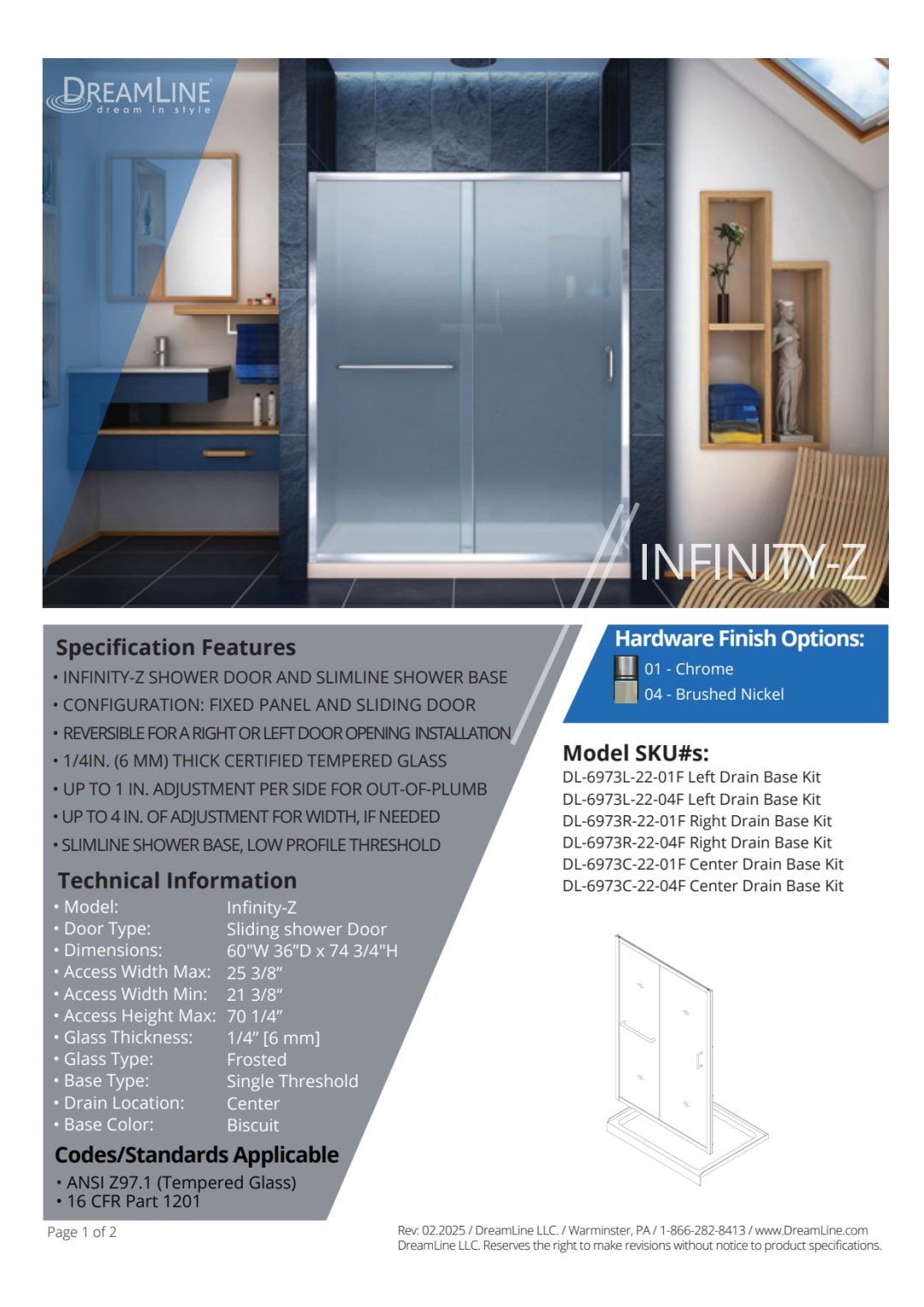 DreamLine Infinity-Z 36 inch D x 60 inch W x 74 3/4 inch H Semi ...