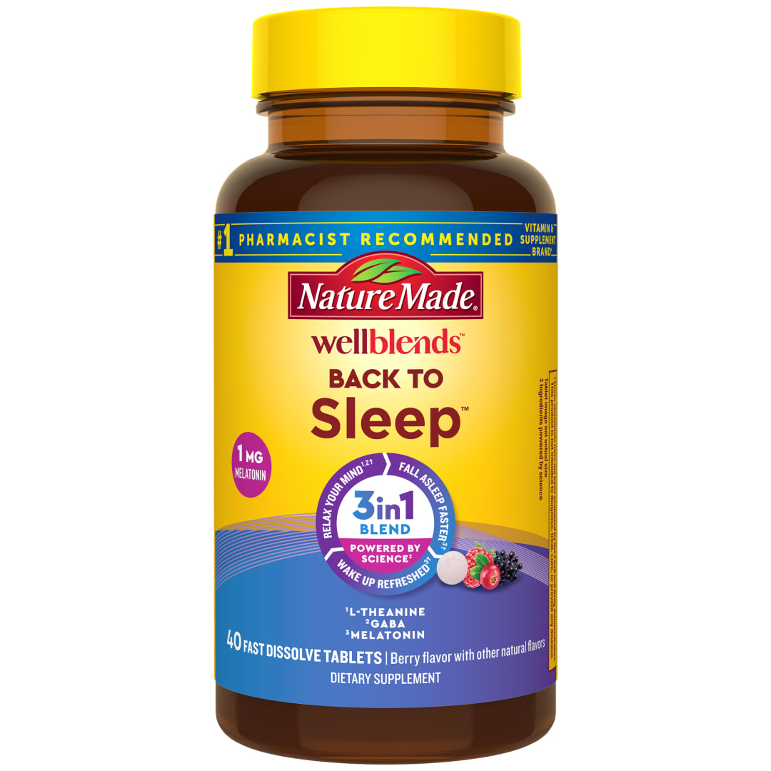 Nature Made Wellblends Back To Sleep, Lower Dose Melatonin 1 mg, L theanine 100 mg and GABA 100mg, Sleep Supplement, 40 Fast Dissolve Tablets