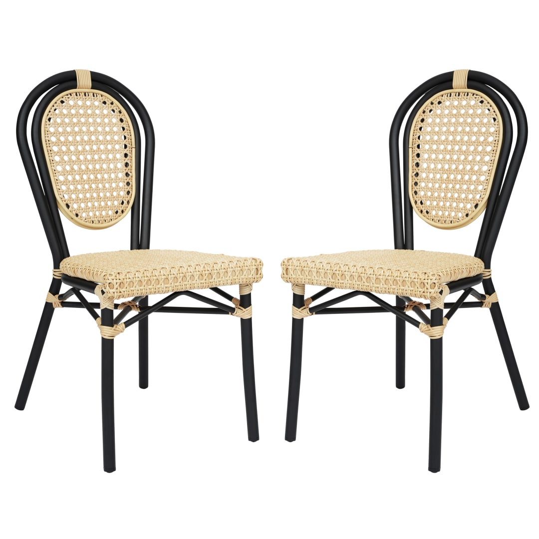 2 Pack Cannes Indoor/Outdoor Commercial Thonet Bistro Stacking Chair, Natural PE Cane Rattan and Black Aluminum Frame