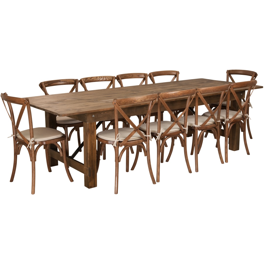HERCULES Series 9' x 40'' Antique Rustic Folding Farm Table Set with 10 Cross Back Chairs and Cushions