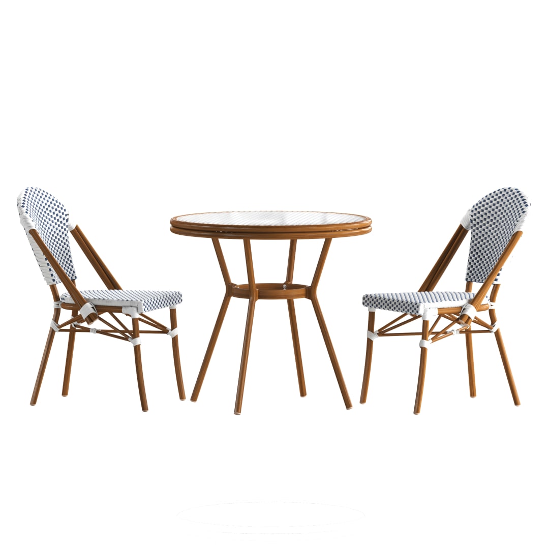 Lourdes Indoor/Outdoor Commercial Bistro 31.5" Table, White and Navy PE Rattan, Glass Top with 2 Stack Chairs - Natural Frame
