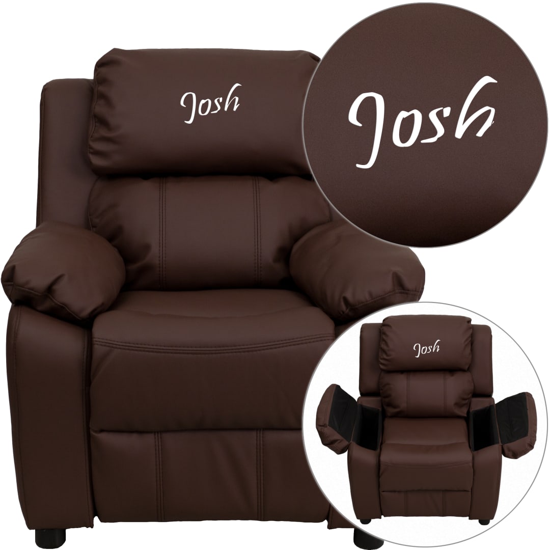 Personalized Deluxe Padded Brown LeatherSoft Kids Recliner with Storage Arms