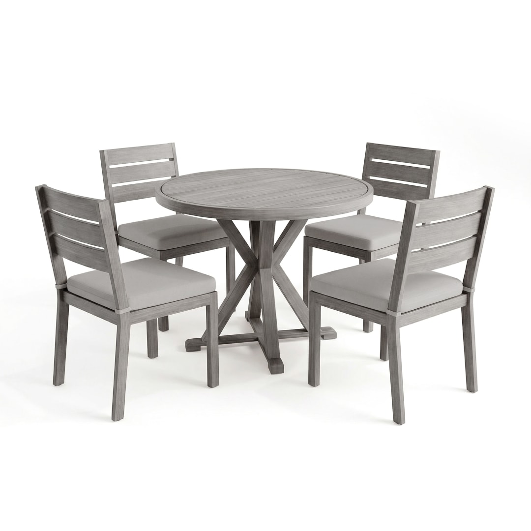 Bedford 5 Piece Aluminum Patio Set, 4 Stackable Dining Chairs with Gray Cushions, 36" Round Trestle Base Table, Gray Brushed Woodgrain Finish