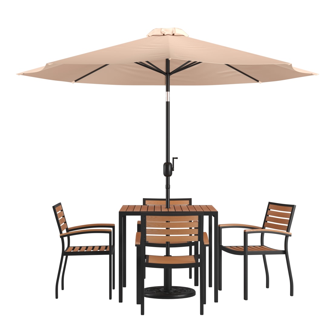 Lark 7 Piece Outdoor Patio Table Set with 4 Synthetic Teak Stackable Chairs, 35" Square Table, Tan Umbrella & Base