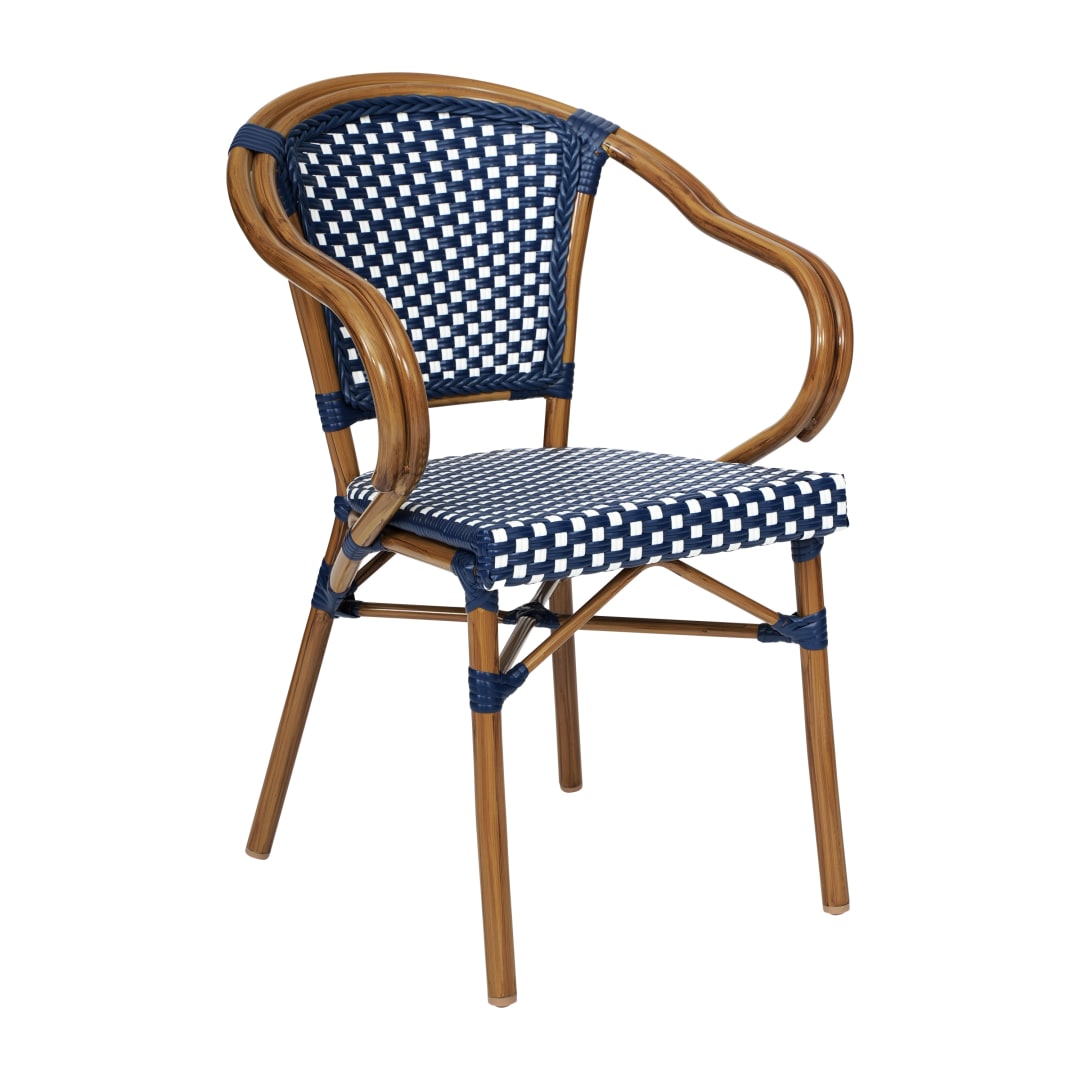 Bordeaux Indoor/Outdoor Commercial Bistro Stacking Chair with Arms, Navy and White PE Rattan and Bamboo Print Aluminum Frame in Natural