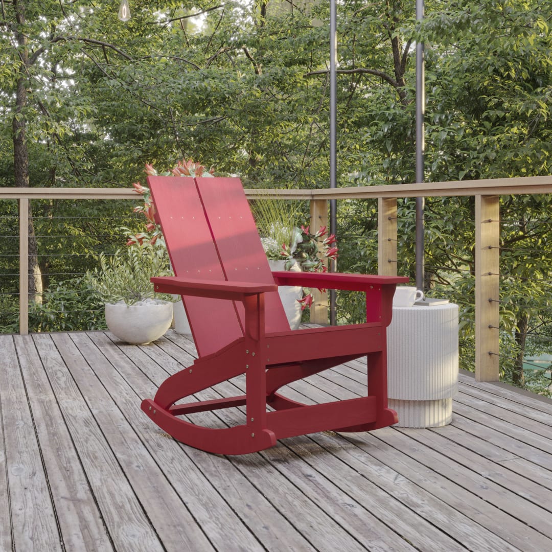 Finn Modern Commercial Grade Poly Resin Wood Adirondack Rocking Chair - All Weather Red Polystyrene - Dual Slat Back - Stainless Steel Hardware