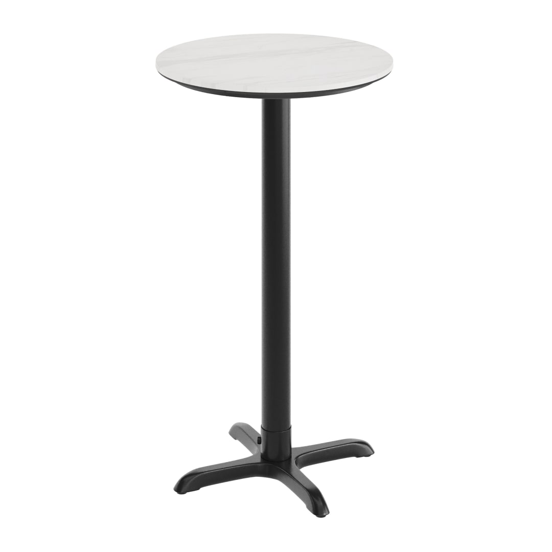 TopGuard 24" Round Tabletop, Seamless Surface Technology, White Faux Marble with 22x22 Black Bar Height X-Base, Moisture, Scratch, Heat, UV Resistant