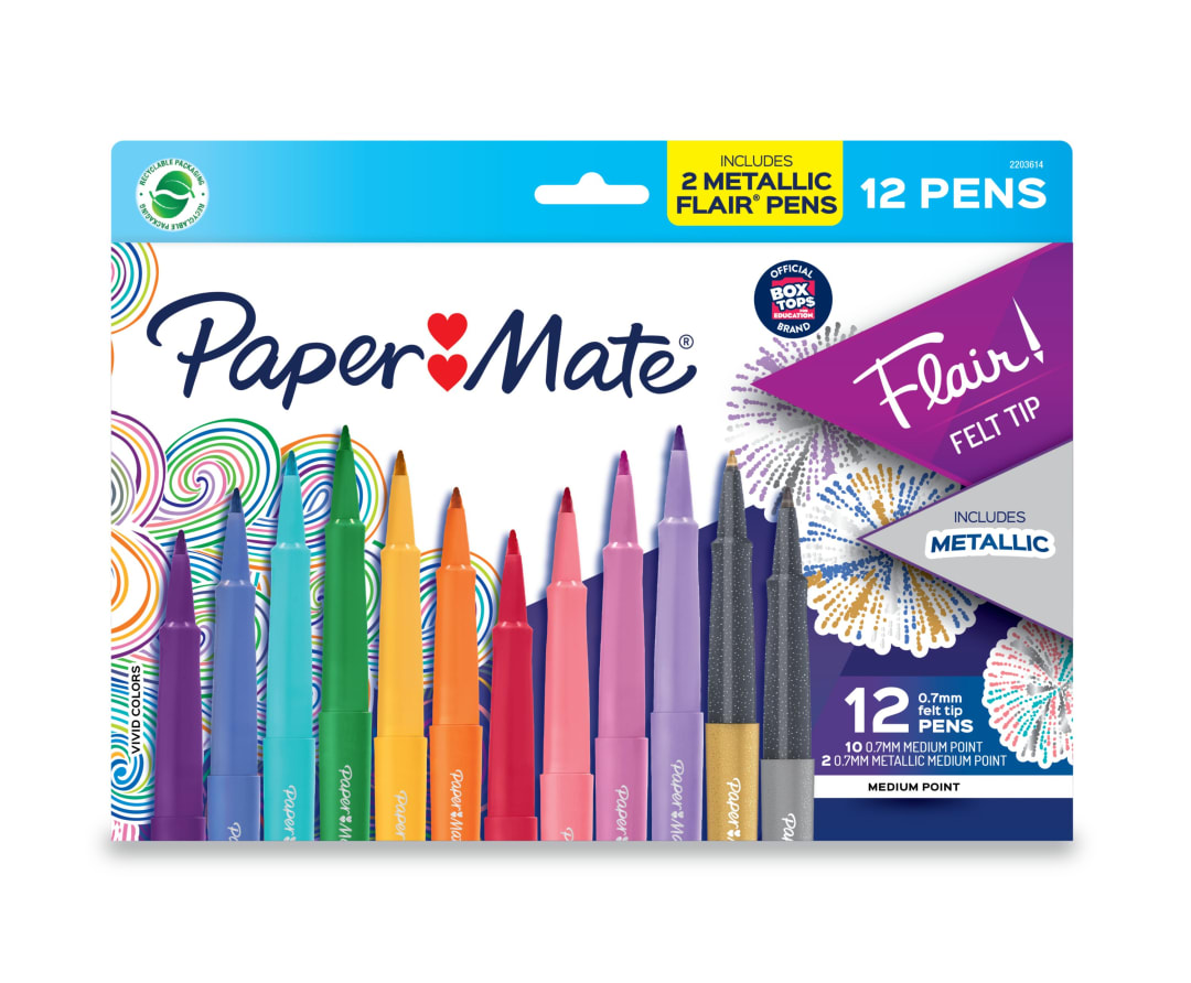Paper Mate® Flair Felt Tips Pens, Includes Metallic Pens, Medium (0.7mm) Point, 12 Count