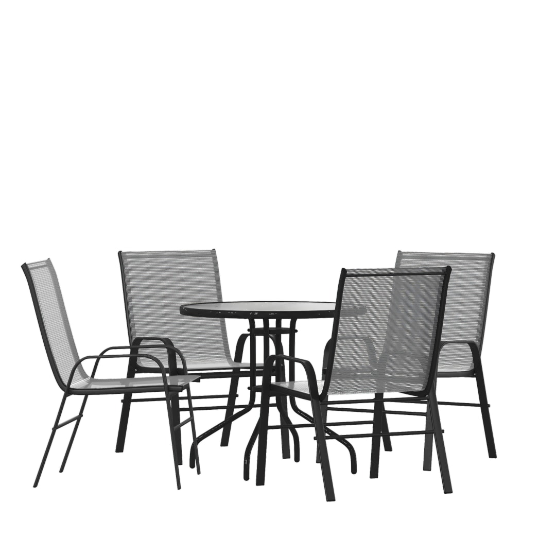 Brazos 5 Piece Outdoor Patio Dining Set - 31.5" Round Tempered Glass Patio Table, 4 Gray Flex Comfort Stack Chairs