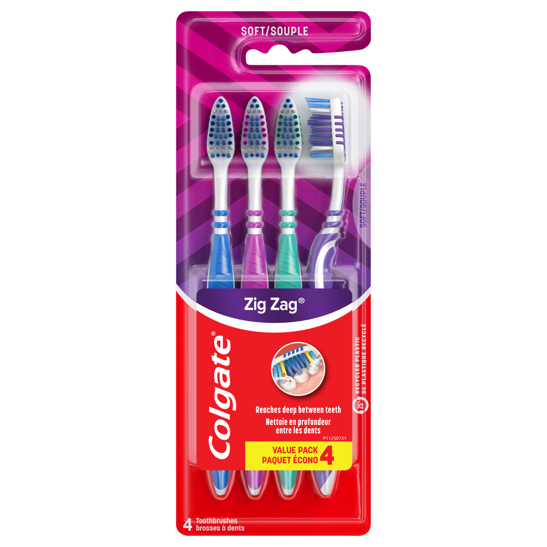 Colgate ZigZag Deep Clean Manual Toothbrush With Tongue and Cheek Cleaner, Soft, 4 Pack