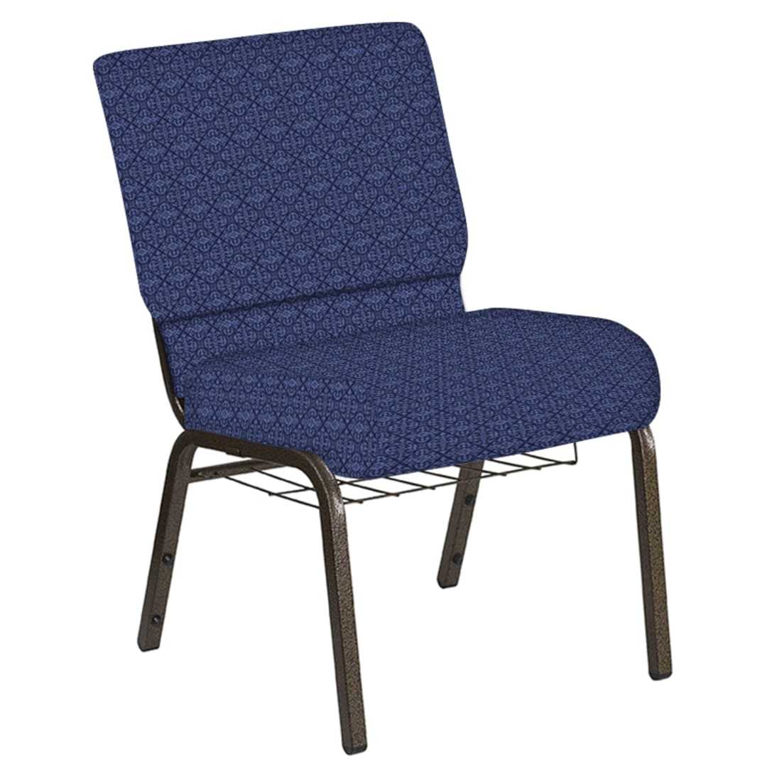 Embroidered 21''W Church Chair in Abbey Navy Fabric with Book Rack - Gold Vein Frame