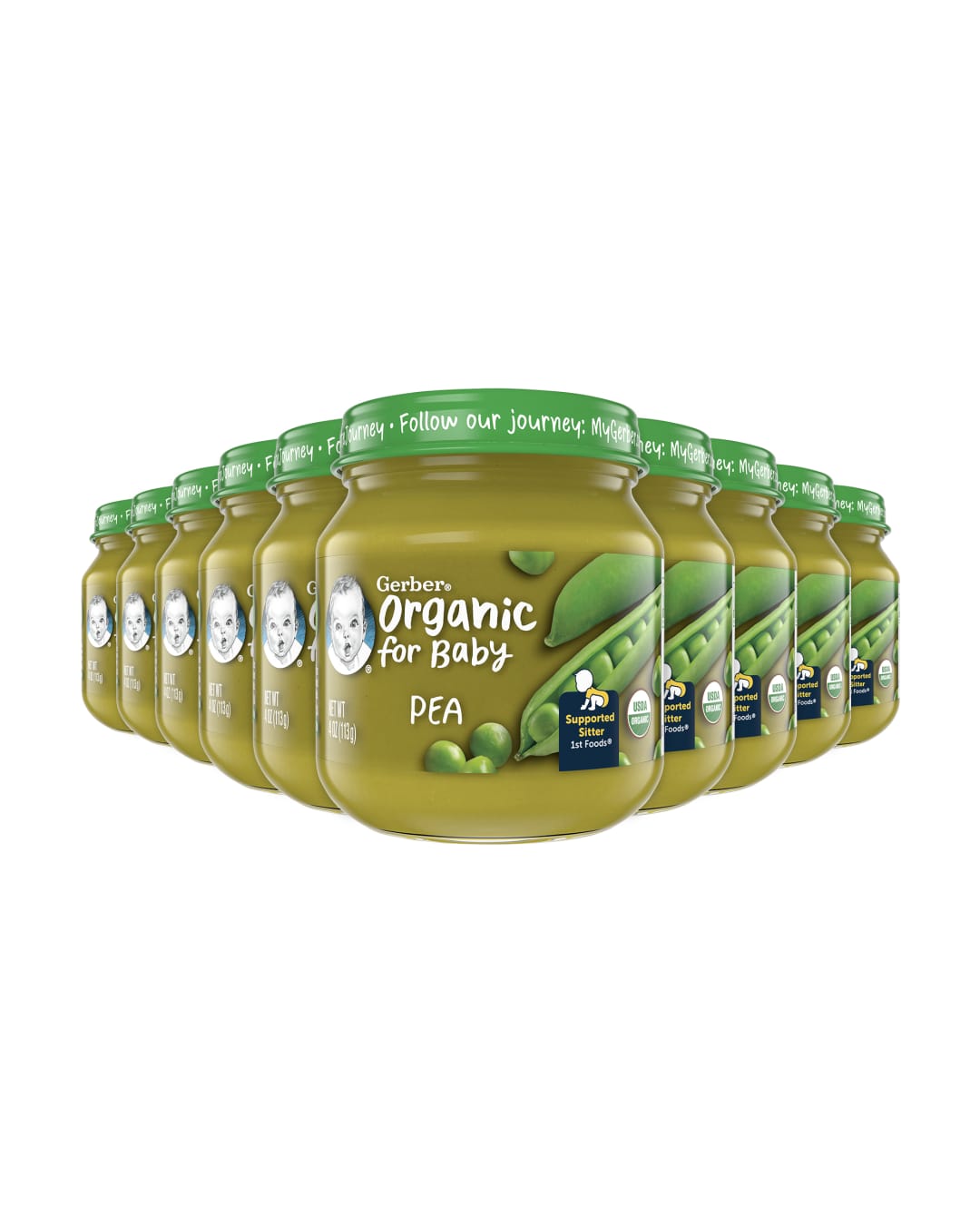 Gerber Stage 1 Baby Food, Organic Pea Jar, Vegetable, Non-GMO, Baby Puree, 10PK