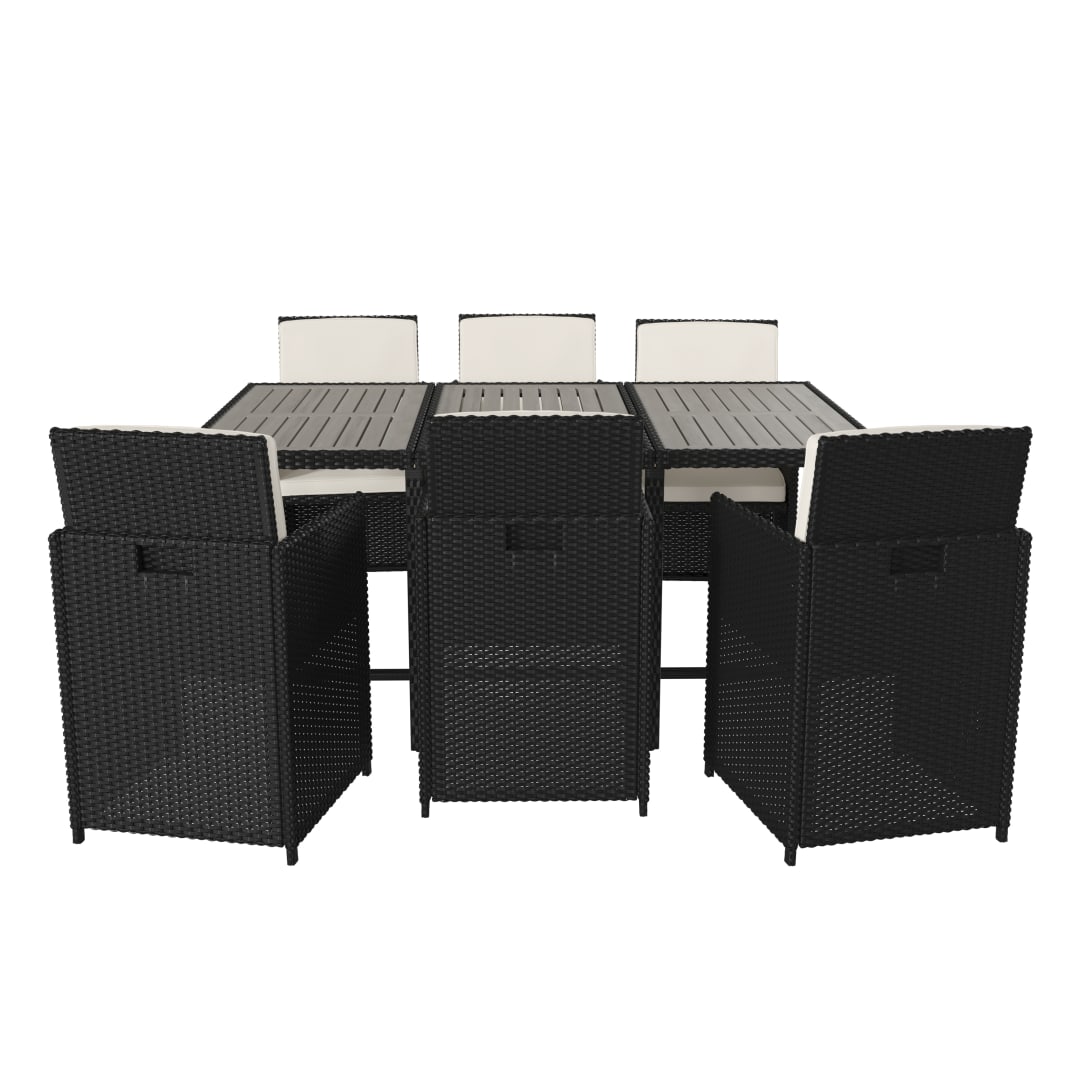 Peregrine 7 Piece Outdoor Patio Dining Set, Space Saving Black Wicker Modular Chairs-Cream Cushions & Gray Acacia Wood Table Top