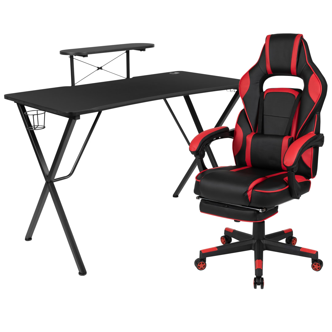 Optis Black Gaming Desk with Cup Holder/Headphone Hook/Monitor Stand &amp; Red Reclining Back/Arms Gaming Chair with Footrest