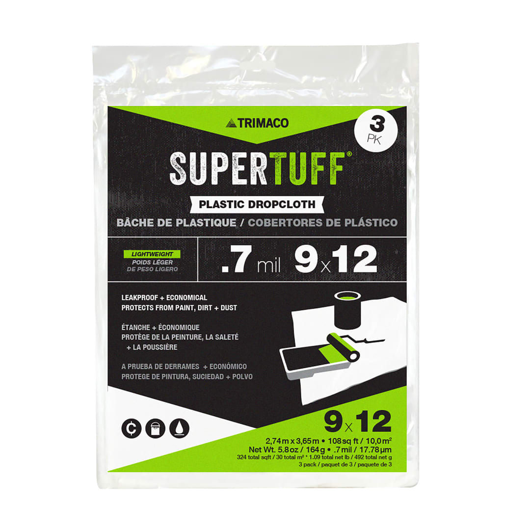 Plastic Dropcloth, 0.7mil, 9'x12', 3pk