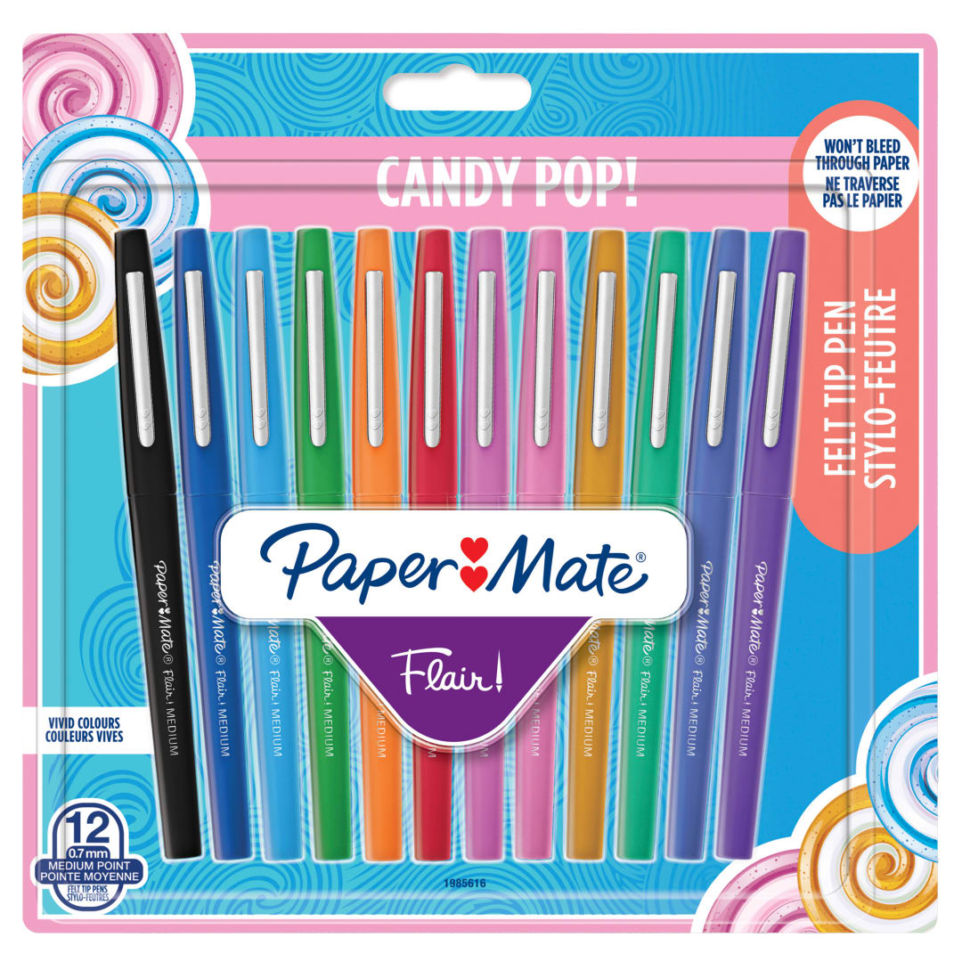 Paper Mate® Flair Felt Tip Pens | Medium Point (0.7mm) | Assorted Candy POP Colours | 12 Count