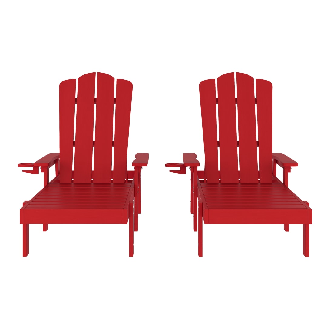Sonora Set of 2 Commercial Grade Adjustable Adirondack Loungers with Cup Holder, All-Weather Indoor/Outdoor Recycled HDPE Lounge Chair in Red