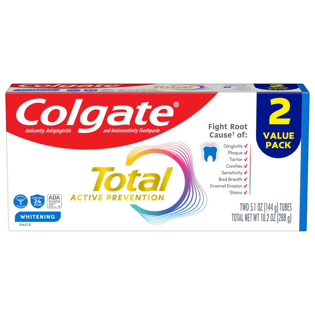 Colgate Total Active Prevention Whitening Toothpaste, Mint, 2 Pack, 5.1 oz